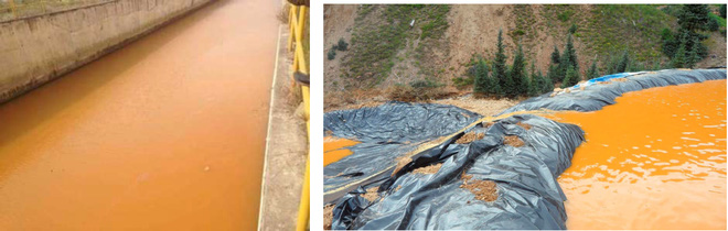 Hình 2- Nước thải từ Formosa (trái) và nước thải từ quá trình khai thác vàng (phải)