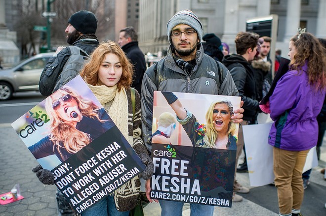 NEW YORK, NY - FEBRUARY 19: Kesha fans protest Sony Music Entertainment outside New York State Supreme Court on February 19, 2016 in New York City. Sony has refused to voluntarily release the pop star from her contract which requires her to make eight more albums with producer Dr. Luke, a man she claims sexually assaulted her. (Photo by Roy Rochlin/Getty Images)