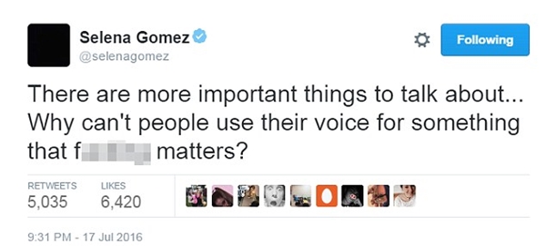 Selena đăng tải một dòng trạng thái lấp lửng và được ngầm hiểu là để bảo vệ cho Taylor trong cuộc chiến này: "Còn nhiều thứ quan trọng hơn để nói đến. Tại sao con người không biết sử dụng tiếng nói của họ cho những thứ thật sự là vấn đề?"