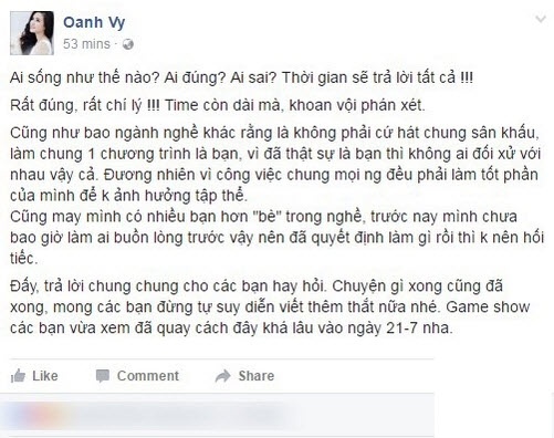  Vy Oanh đáp trả status đá xoáy của Trấn Thành 