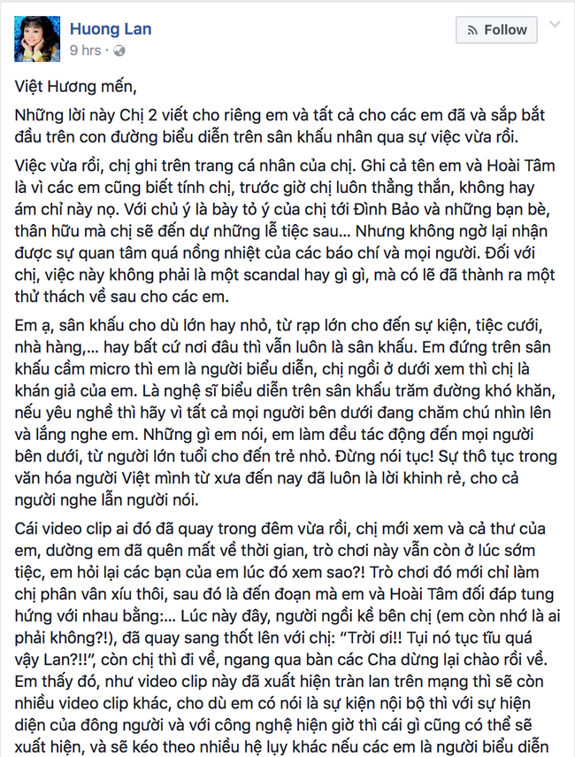 Nghệ sĩ Hương Lan lên tiếng trước bức thư xin lỗi của Việt Hương: Hãy là nghệ sĩ sạch - Ảnh 1.