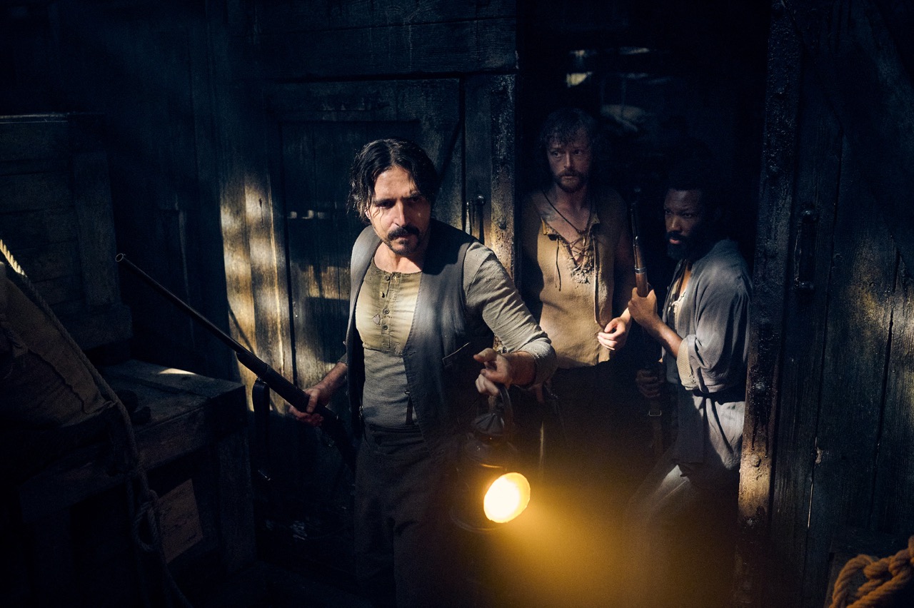 (from left) Wojchek (David Dastmalchian), Abrams (Chris Walley) and Clemens (Corey Hawkins) in The Last Voyage of the Demeter, directed by André Øvredal.